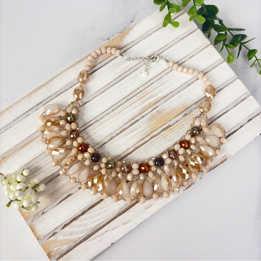 Nakamol Beige and Gold Semiprecious Stone and Pearl Statement Necklace